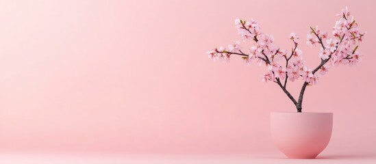 Poster - Cherry blossom branches in a minimalist pink vase against a soft pink background with Copy Space for design elements.