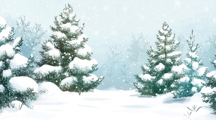 Poster - Snow-covered pine trees in winter landscape with gentle snowfall and soft light atmosphere Copy Space