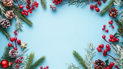 Poster - Christmas frame with pine cones, red berries, and fir branches on a light blue background with copy space for text