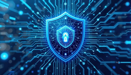 Poster - Technology cyber security shield vector illustration. Concept of internet privacy, cyber protection and antivirus. Shield lock in futuristic style