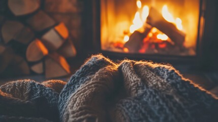 Wall Mural - Detailed photo of a cozy fireplace with logs and a warm blanket. Soft evening light creating a comforting atmosphere. Emphasizing warmth and relaxation. Perfect for home decor and cozy content.