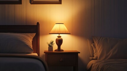 Poster - Cozy bedroom interior with bedside lamp illuminating nightstand and adjacent bed in warm light Copy Space