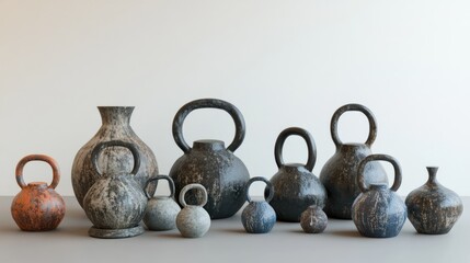 Poster - various sizes of decorative pottery with unique textures and colors arranged aesthetically on a neutral background