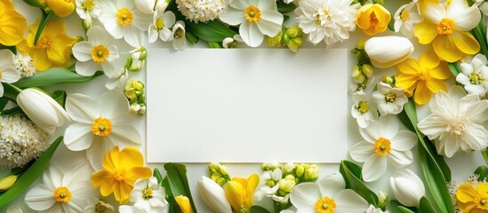 Aufkleber - Blank card mockup with spring flowers arrangement creating vibrant backdrop and ample space for text or promotional content
