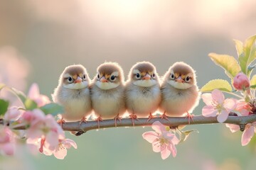 Wall Mural - Four fluffy chicks perched on a branch surrounded by blooming flowers during a sunny day