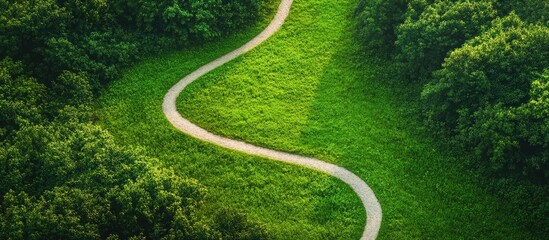 Poster - Winding Bridle Path Through Lush Green Forest Aerial View with Ample Copy Space for Text and Design Elements