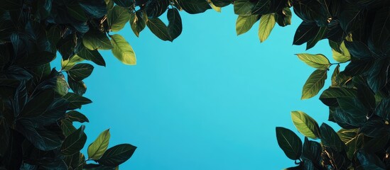 Poster - Green tree leaves framing a bright blue sky with ample empty space for text overlay or graphic design elements.