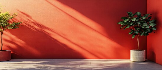 Poster - Brick red wall with shadows and potted plants creating a stylish space perfect for design and decoration with ample empty space for text