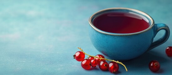 Aufkleber - Vibrant red currant syrup in a bright blue cup with fresh berries and empty space for text on a stylish turquoise background