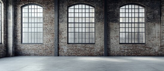 Aufkleber - Industrial Brick Wall Texture with Large Windows and Empty Space for Branding or Text in Contemporary Architecture Setting