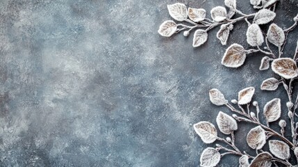 Poster - Frosted leaves arrangement on textured blue background with copy space for text or design elements