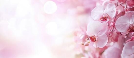 Aufkleber - Elegant orchid bouquet for wedding with soft pink backdrop and empty space for personalized text or romantic messages.