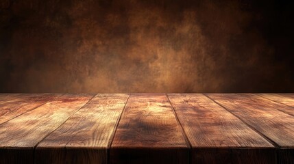 Poster - Wooden tabletop with rustic texture and dark brown background featuring copy space for text insertion