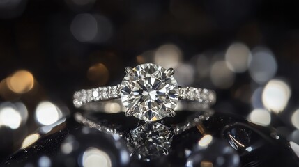Poster - Elegant Diamond Engagement Ring on Glossy Surface with Sparkling Bokeh Background
