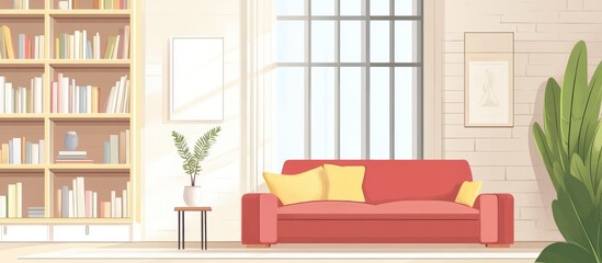 Aufkleber - Cozy living room interior design with a bright atmosphere comfortable sofa bookshelves large windows and empty space for text placement