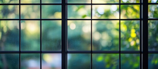 Poster - Black window screens with blurred greenery background providing ample copyspace for text placement in elegant home environment
