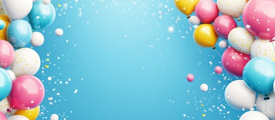 Poster - Colorful balloons on a vibrant blue background with festive confetti create a joyful atmosphere for birthday or party celebrations.
