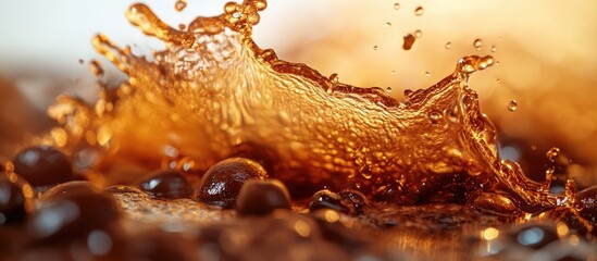 Aufkleber - Vibrant splash of brewed coffee highlighting roasted beans with macro detail and ample copy space for text and branding opportunities