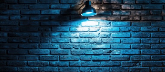 Aufkleber - Brick wall background with blue light beam and lamp creating an empty space for text and design elements in a modern setting