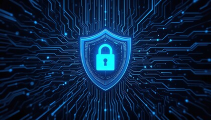 Poster - Technology cyber security shield vector illustration. Concept of internet privacy, cyber protection and antivirus. Shield lock in futuristic style