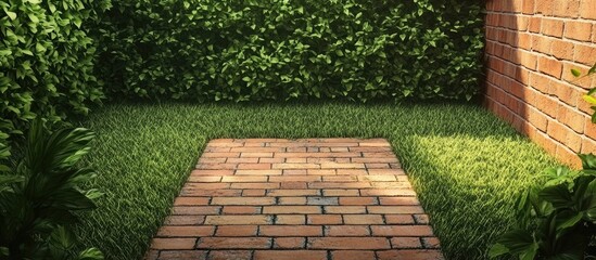 Aufkleber - Brick pathway in a serene garden surrounded by lush greenery with a clear space for text or branding purposes