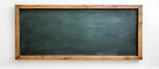 Poster - Wooden framed blank chalkboard on white wall providing ample copyspace for text or creative writing ideas in a classroom or office setting