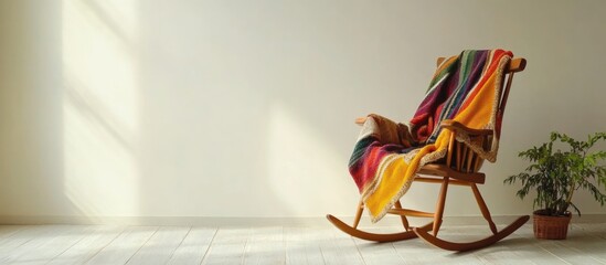 Poster - Rocking chair with colorful blanket in a bright room with natural light and indoor plant Copy Space