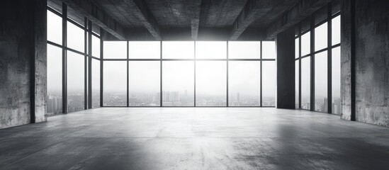 Aufkleber - Spacious industrial interior with concrete floor and large skyline windows offering ample copy space for creative text placement.