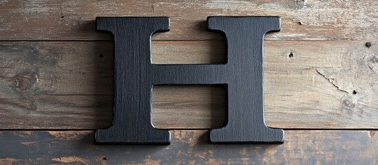 Aufkleber - Black wooden letter H mounted on rustic wooden wall with ample empty space for customization or text placement