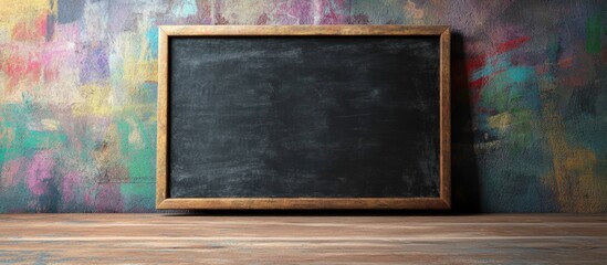 Poster - Wooden framed chalkboard on colorful textured wall background with wooden floor and ample Copy Space.