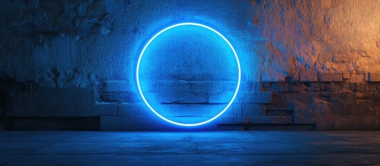 Aufkleber - Neon blue circle illumination on textured wall backdrop with ample space for text or graphics in a modern and stylish setting