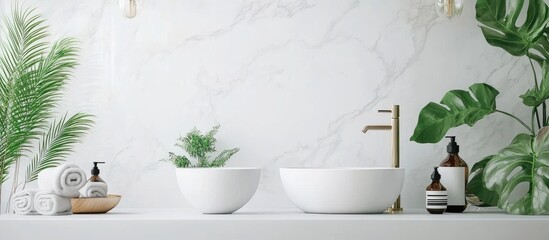 Poster - Stylish Modern Bathroom Interior Featuring Minimalist Design and Natural Elements with Space for Text or Branding