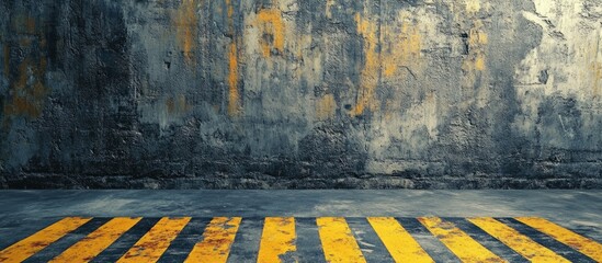 Poster - Grungy concrete wall and floor with yellow and black hazard stripes and ample copy space for text or graphics.