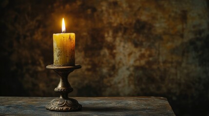 Poster - Classic candle on ornate holder with warm glow against textured background Copy Space