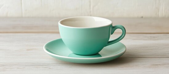 Poster - Bright teal coffee cup with saucer on rustic wooden background featuring ample empty space for branding or text overlay