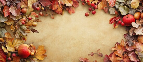 Poster - Autumn leaves and fruits border on aged textured background with empty space for text Copy Space