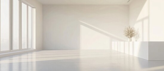 Aufkleber - Spacious Minimalist Living Room Design with Large Windows and Bright White Walls Offering Text Space for Creative Usage