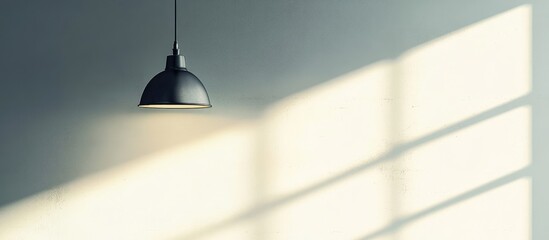 Poster - Elegant dining room featuring a minimalist metal pendant lamp with ample empty space for text or branding purposes.