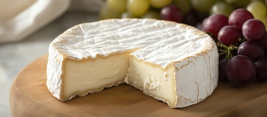 Aufkleber - Brie cheese with sliced section and fresh grapes on a wooden cutting board with ample empty space for text or branding purposes