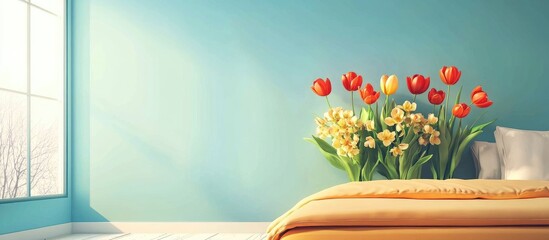 Aufkleber - Bright and Cheerful Bedroom Setting with Vibrant Tulip Bouquet and Space for Text or Branding