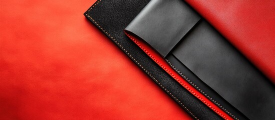 Aufkleber - Minimalistic Leather Fabric Ensemble with Bold Stripes on Red Background for Stylish Copyspace and Text Placement
