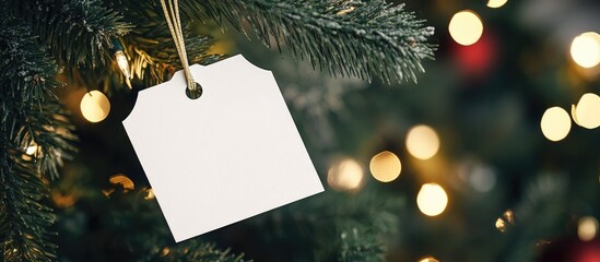 Poster - Christmas Gift Tag Mockup on Tree with Blank Space for Custom Text Holiday Decoration and Celebration Concept
