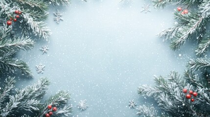Poster - Frosted evergreen branches with red berries and snowflakes on a light blue background with Copy Space for text.