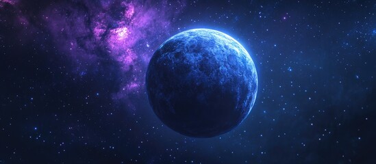 Poster - Mysterious blue planet amidst a cosmic backdrop of dark night sky and shimmering stars with ample space for potential text or graphics