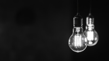 Poster - Hanging vintage light bulbs with filament illuminated against a dark background featuring copy space for text.
