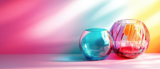 Aufkleber - Decorative colorful glass vases on a wooden surface with soft colorful gradient background and space for your text or branding