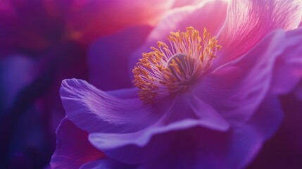 Poster - Close-up of a vibrant purple flower with intricate yellow stamen and petals, soft focus background, Copy Space available.