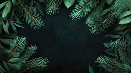Poster - Green foliage frame with dark background and Copy Space for text placement. Pine and tropical leaves create a natural border design.