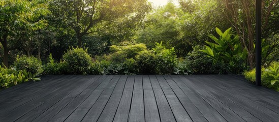 Aufkleber - Black Wooden Porch Deck Surrounded by Lush Greenery Ideal for Nature-Focused Designs with Ample Copyspace for Text and Promotions