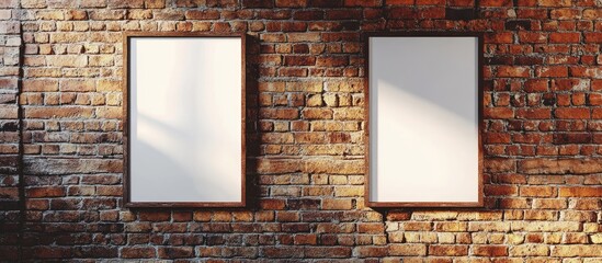 Aufkleber - Vintage brick wall showcasing two blank poster frames ideal for displaying artwork or advertisements in a rustic setting.